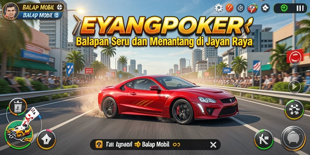 Screenshot EYANGPOKER menunjukkan aksi balapan yang mendebarkan dengan mobil super.