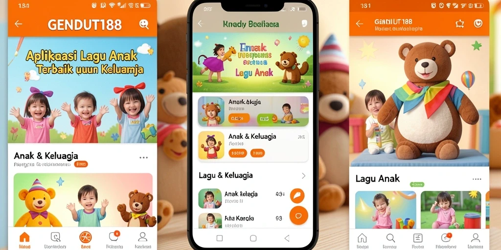 Antarmuka aplikasi GENDUT188 dengan berbagai lagu anak yang ceria.